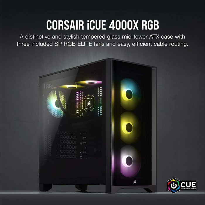 كيس للكمبيوتر  iCUE 4000X RGB من الزجاج المقوى Mid-Tower ATX من كورسير - أسود