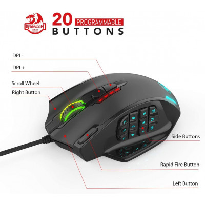 ريدراجون | ماوس الألعاب | M908 Impact RGB LED MMO Mouse مع أزرار جانبية سلكية بالليزر