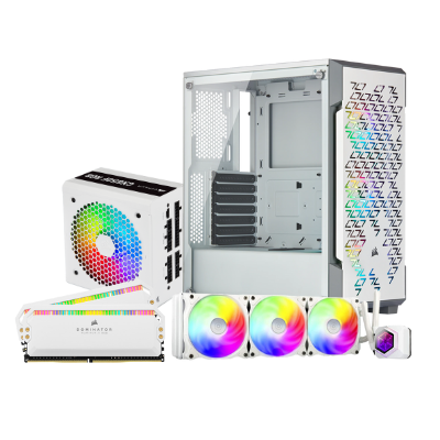 لوِّن تجميعتك بالأبيض مع iCUE 220T RGB TG Mid Tower Case, DOMINATOR® PLATINUM RGB, CX650F RGB White PSU and PF360W-ARGB Liquid Cooler 